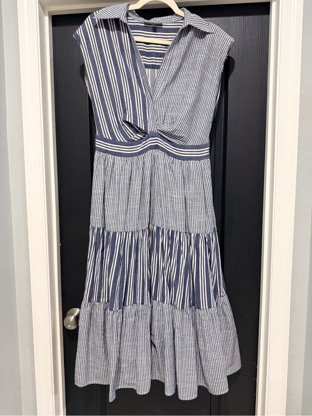 Striped Navy and White Maxi Dress with Twist Front
